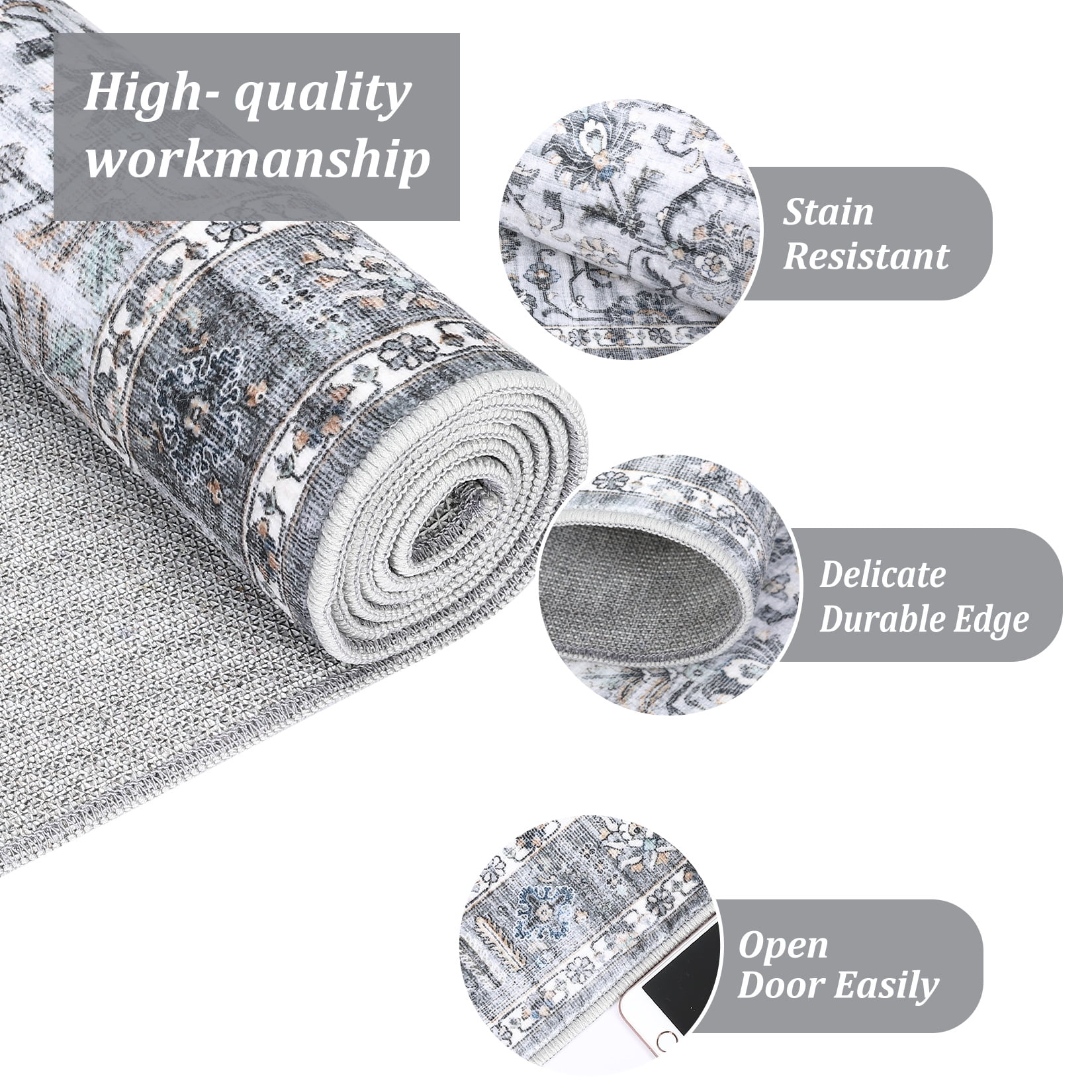 Hasoo Runner Rug 2' x 6' for Bedroom Retro Area Rug for Living Room Medallion Distressed Washable Rug for Hallway Gray