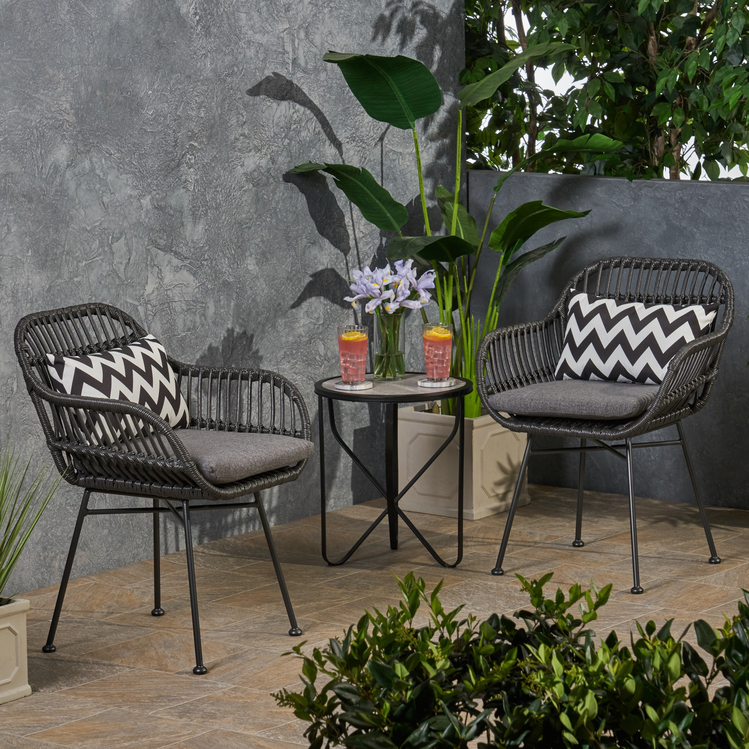 Euroco Set of 2 Modern PE Rattan Accent Chairs with Water-Resistant Cushions and Black Steel Frame