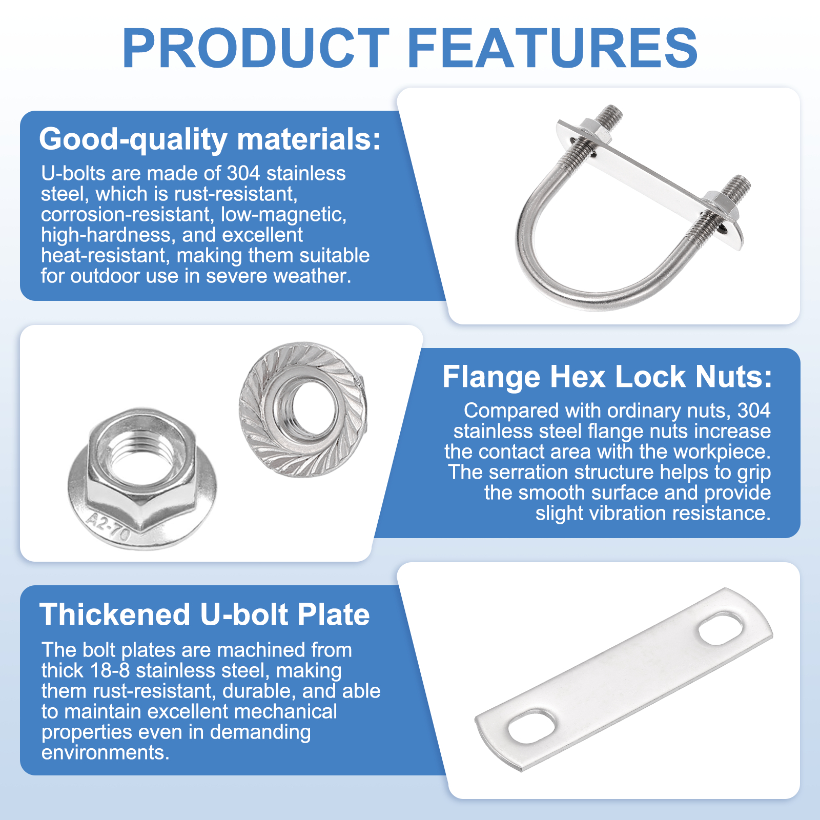Uxcell 4 Set 1-7/8" Inner Wide Round U Bolts,  2-15/16" Length 304 Stainless Steel U-Bolts with Flange Hexagon Nuts, Frame Plates for Trailer, Automotive, (48mm W x 74.5mm L)