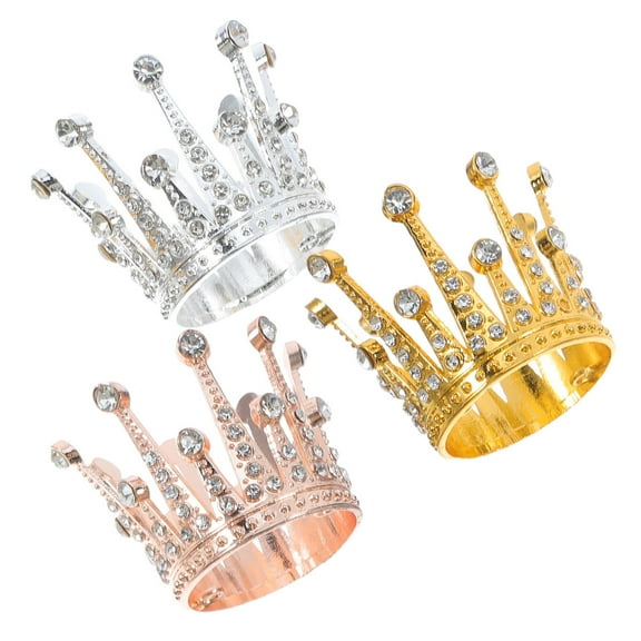 FRCOLOR 3pcs Mini Alloy Rhinestone Crown Cake Toppers Elegant Cake Decorations For Birthday Wedding Anniversary Creative Flower Bouquet Crown Rings