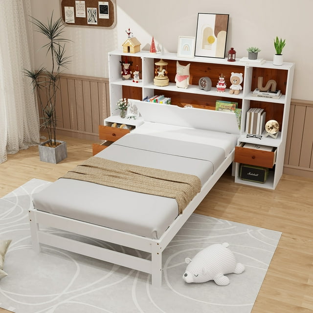 Gymax Cadre de Lit Simple avec Tête de Lit de Rangement et Tables de Chevet 7 Compartiments 3 Tiroirs