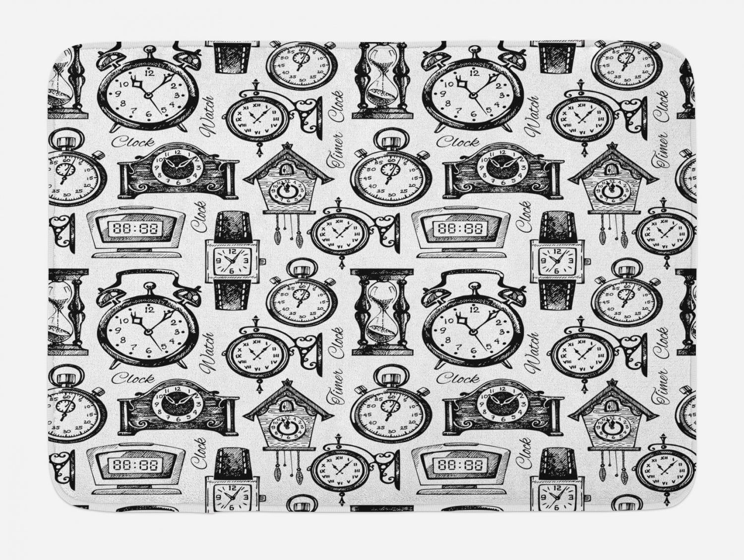 Clock Bath Mat, Hand Drawn Clocks and Watches Illustration Vintage