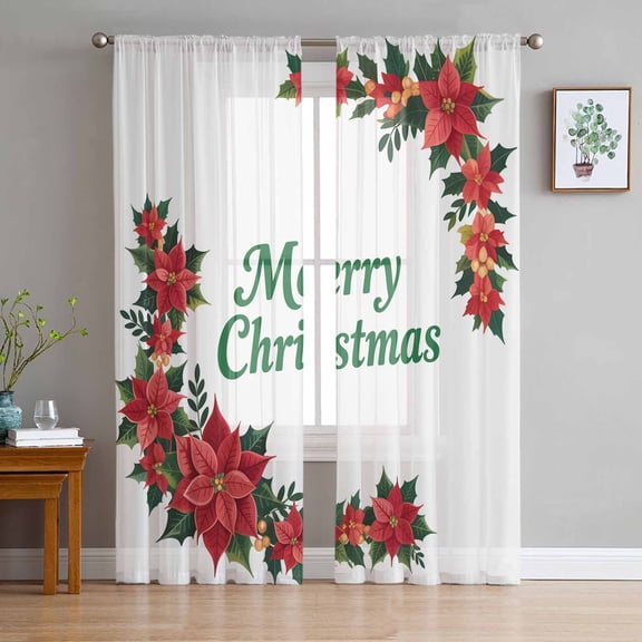 Christmas Poinsettia Sheer Curtains 63 Inches Long, Farmhouse Red Flowers Floral Leaves Light Filtering Window Curtains for Living Room, Rod Pocket Voile Sheer Curtain Drapes, 52"Wx63"L, 2 Panels