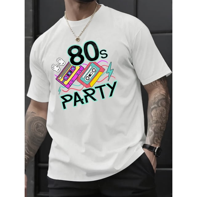 Camiseta informal con estampado creativo "Fiesta de los 80" para hombre, manga corta, corte cómodo, cuello redondo, estilo urbano, para uso diario.