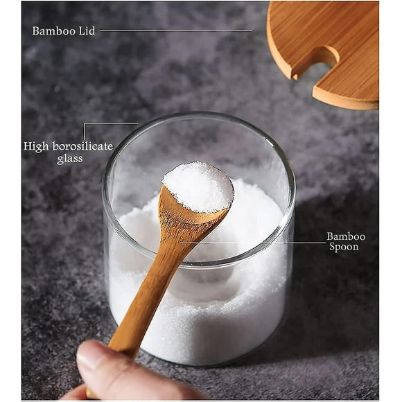 Condiment Container Seasoning Box Set Glass Condiment Canisters Jars With Wooden Spoon Lid And Base