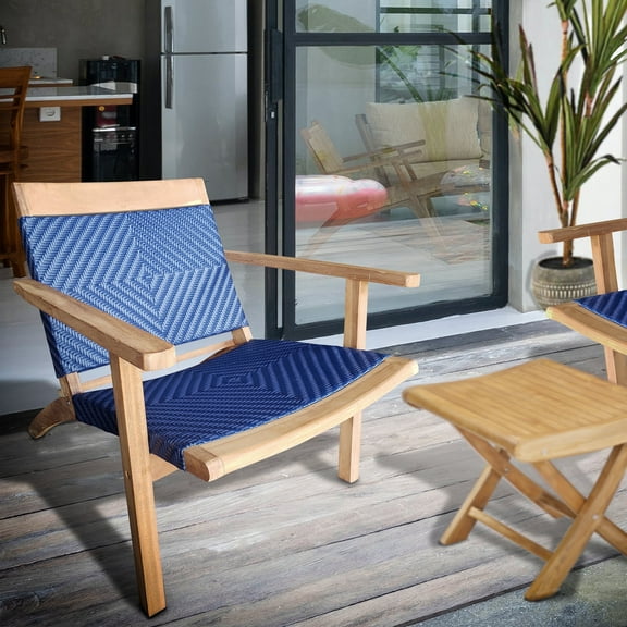 Teak Wood Paris Outdoor Patio Lounge and Dining Chair, A-Grade Teak with Blue Webbing