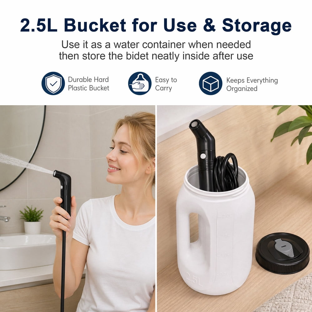WOWER Portable Electric Bidet with 2.5L Bucket, Rechargeable Travel Bidet Sprayer with 2 Pressure Modes for Camping, RV, Baby Care and Personal Hygiene