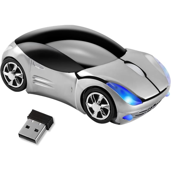 Silver Car Mouse，2.4G with USB Reciver 1600DPI Computer Mice Wireless for Computer Wireless Computer Mouse for Laptop Tablet for Windows Mac OS（Silver）