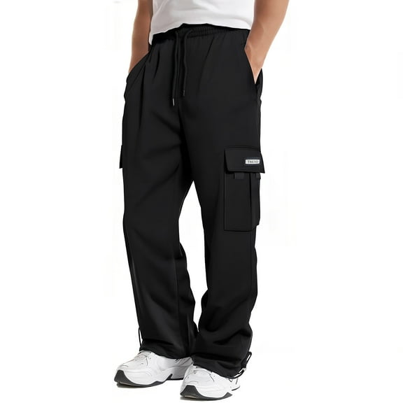 Mohiass Men's Cargo Sweatpants Loose Fit Pants Joggers for Men with Pockets, Open Bottom Drawstring Trousers Black L