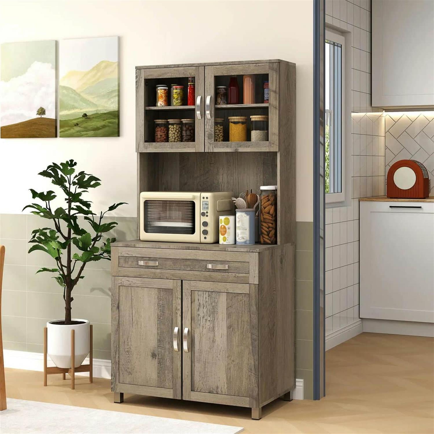 Demi Bonn 67" Buffet Hutch, Modern Kitchen Storage Cabinet, Freestanding Glass Door Pantry, Shelves & Drawers for Home Decor, Gray