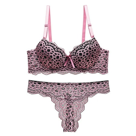 

ALSLIAO Womens Sexy Leopard Push Up Bra Set Lingerie Thong Underwear Size 34-40 B C Cup Pink 34