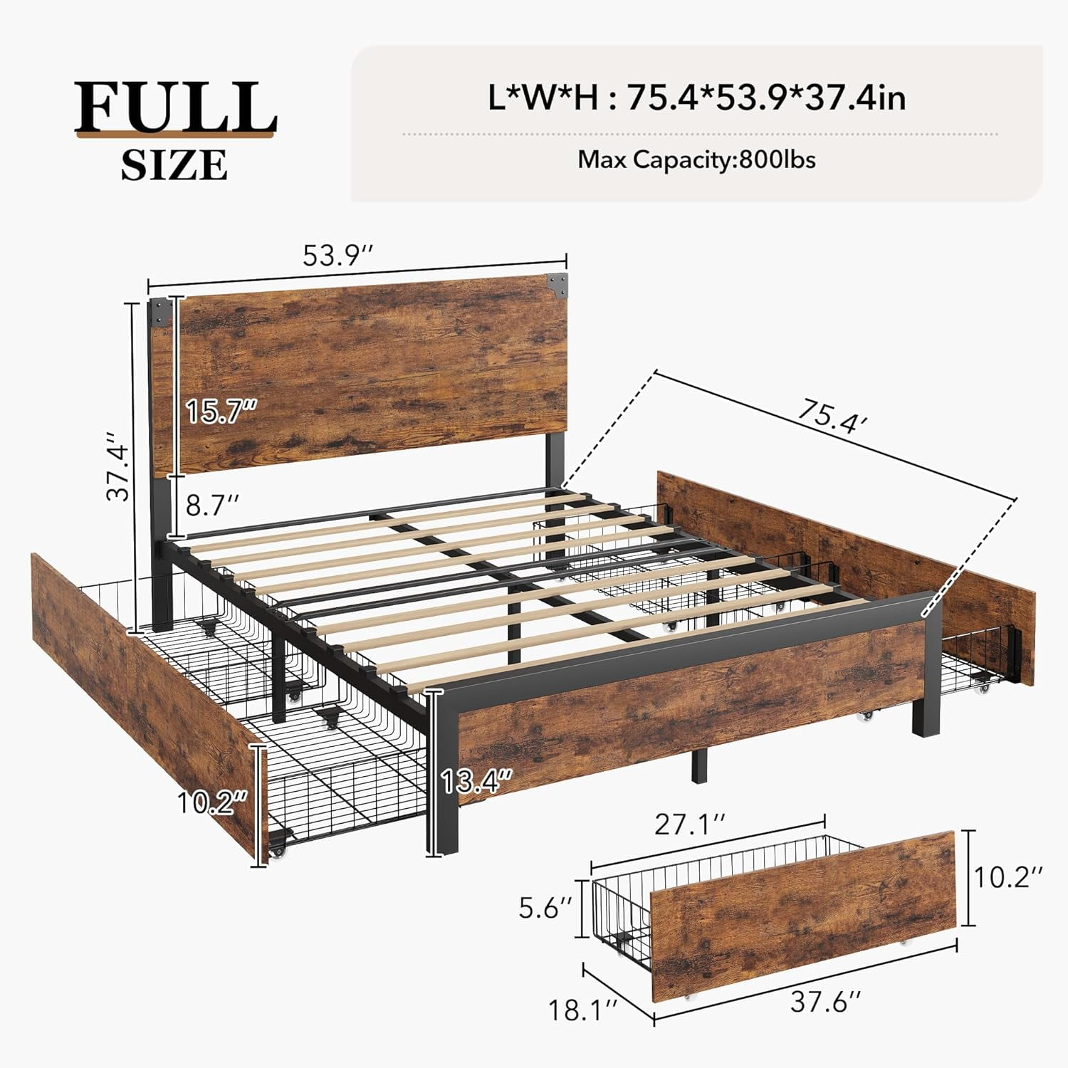 Full Bed Frame with Wooden Headboard: Spacious Platform Design with Under-Bed Storage and Metal Legs, Noise-Free Operation, No Box Spring Required, Assembly - Rustic Brown Finish