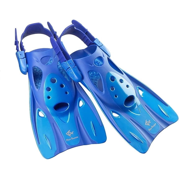 Reef Tourer Snorkel Fins for Kids and Adults, Adjustable Open Heel, Compact Short Blade Swimming Snorkeling Flippers, Travel Size, RF0106P, Blue, Large