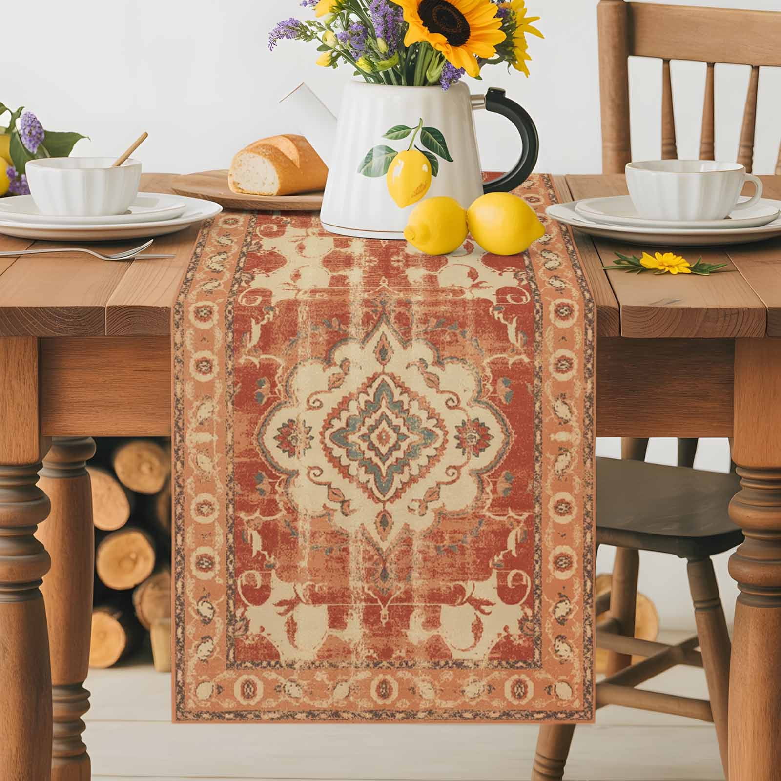 Vintage Ethnic Tribal Floral Table Runner 90 Inches Long, Traditional Oriental Orange Table Runners Tabletop Scarf Kitchen Dining Tables Decoration for Home Party Indoor Outdoor