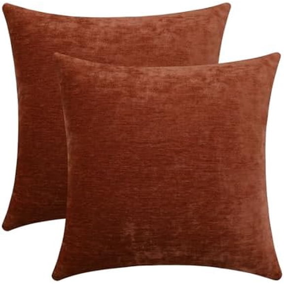 Terracotta Cozy Soft Throw Pillow Covers Decorative Chenille Square Couch Cushion Cases for Sofa Decor, Set of 2, 16 x 16 Inches