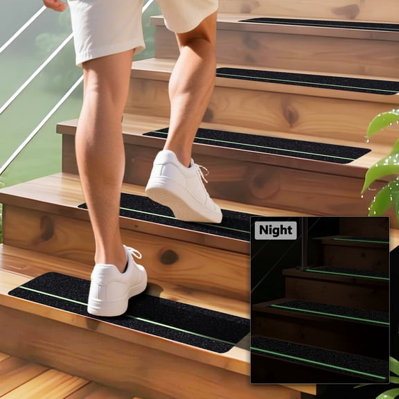 12 pack 4"x24" Glow-in-Dark Stair Treads - Waterproof Peel & Stick Anti-Slip Tape for Outdoor Steps & Decks, Black