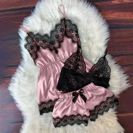 

XIAOFFENN Women V-Neck Eyelash Lace Stain Camisole Pajamas Bowknot Shorts Set