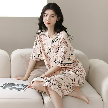 

QWZNDZGR Spring Summer Polyester Women Sleep Loungewear Pajamas Cartoon Bear Print Pajama Sets Cartoon Pyjamas Sleepwear 3XL 5XL Homewear