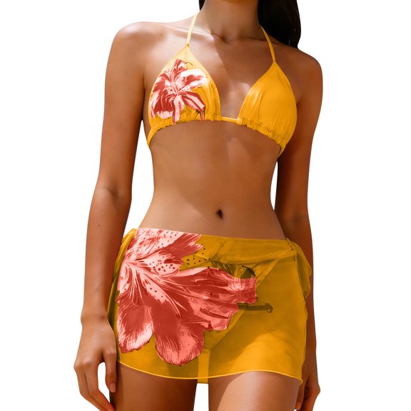 3 Piece Swimsuits Floral Triangle Halter Bikini Set with Cover Up Sheer Beach Skirt