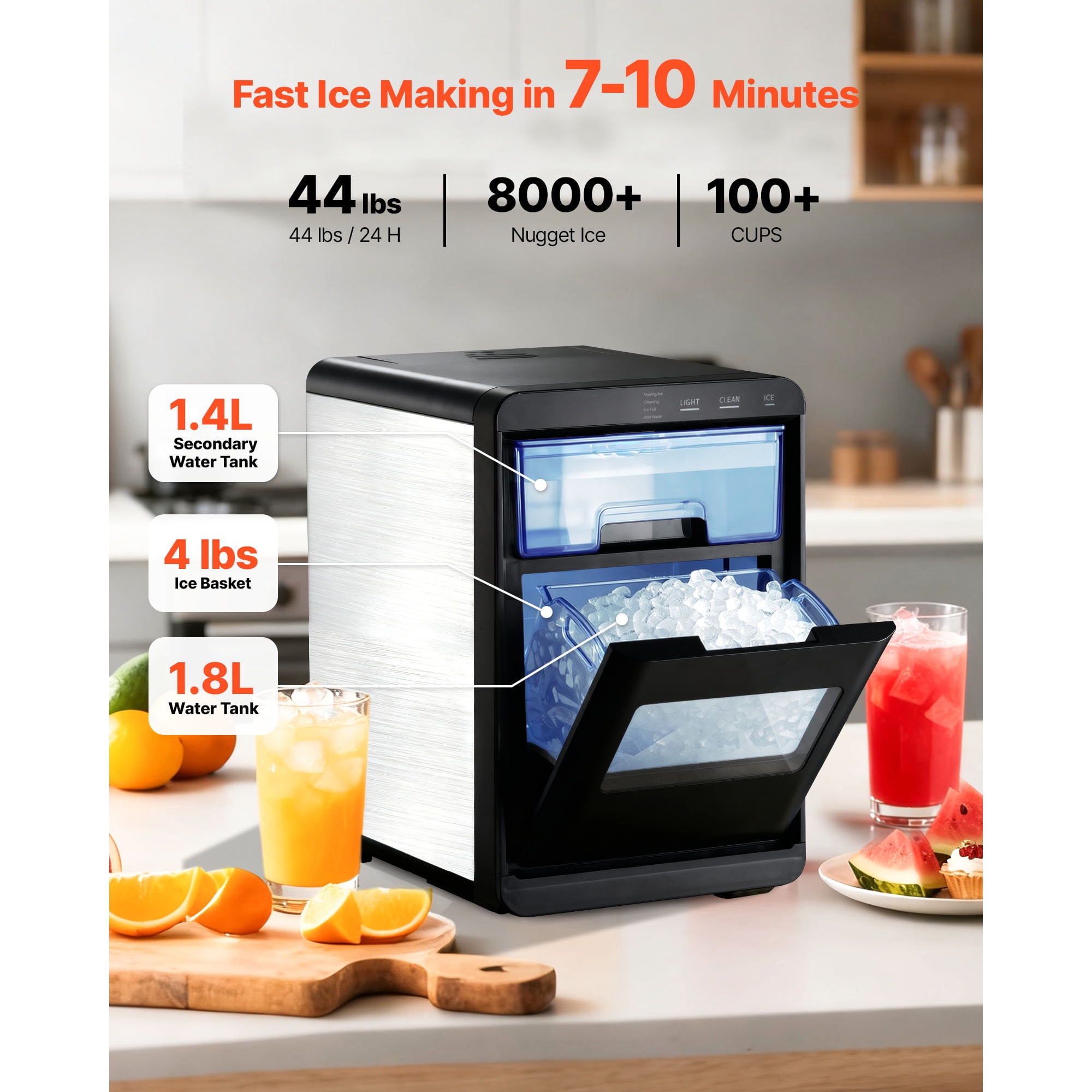 KFFKFF Countertop Ice Maker, 44 lbs Daily Capacity, Self-Cleaning Portable Machine with Scoop, Drawer-Style Access, Nugget Ice Maker for Home, Kitchen, Office, Bar & Gatherings