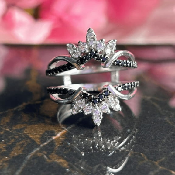 Black Onyx and White Diamond Wedding Ring Enhancer in 925 Sterling Silver