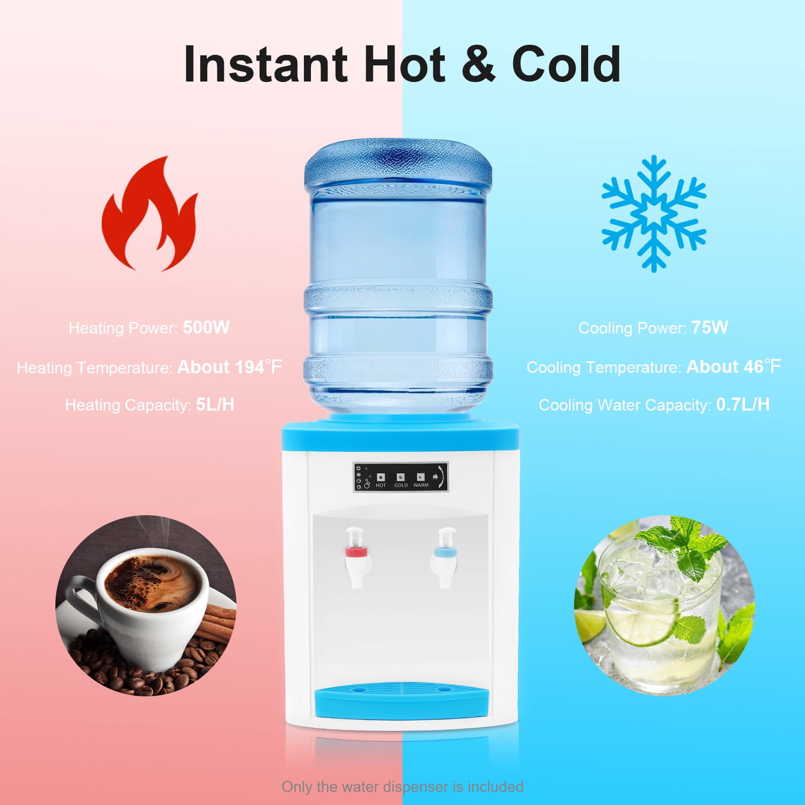 Top Loading Countertop Water Cooler Dispenser with Hot & Cold Water, Freestanding Hot and Cold Water Cooler Dispenser Mini Small Refrigeration Desktop Automatic Drinking (Blue)