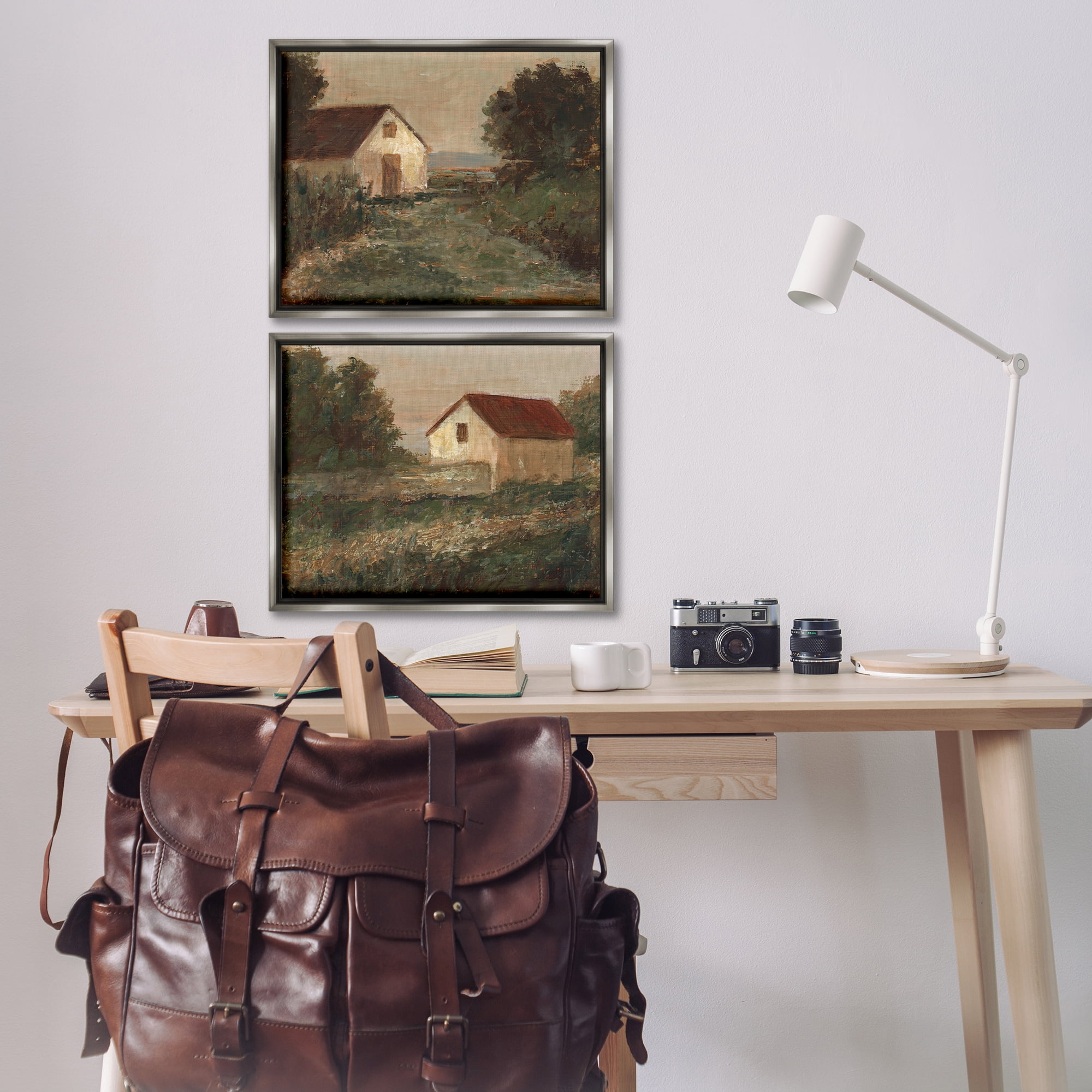 Stupell Industries Traditional Country Farmland Landscape & Nature Painting Gray Floater Framed Canvas Art Print Wall Art, 21 x 17, Set of 2