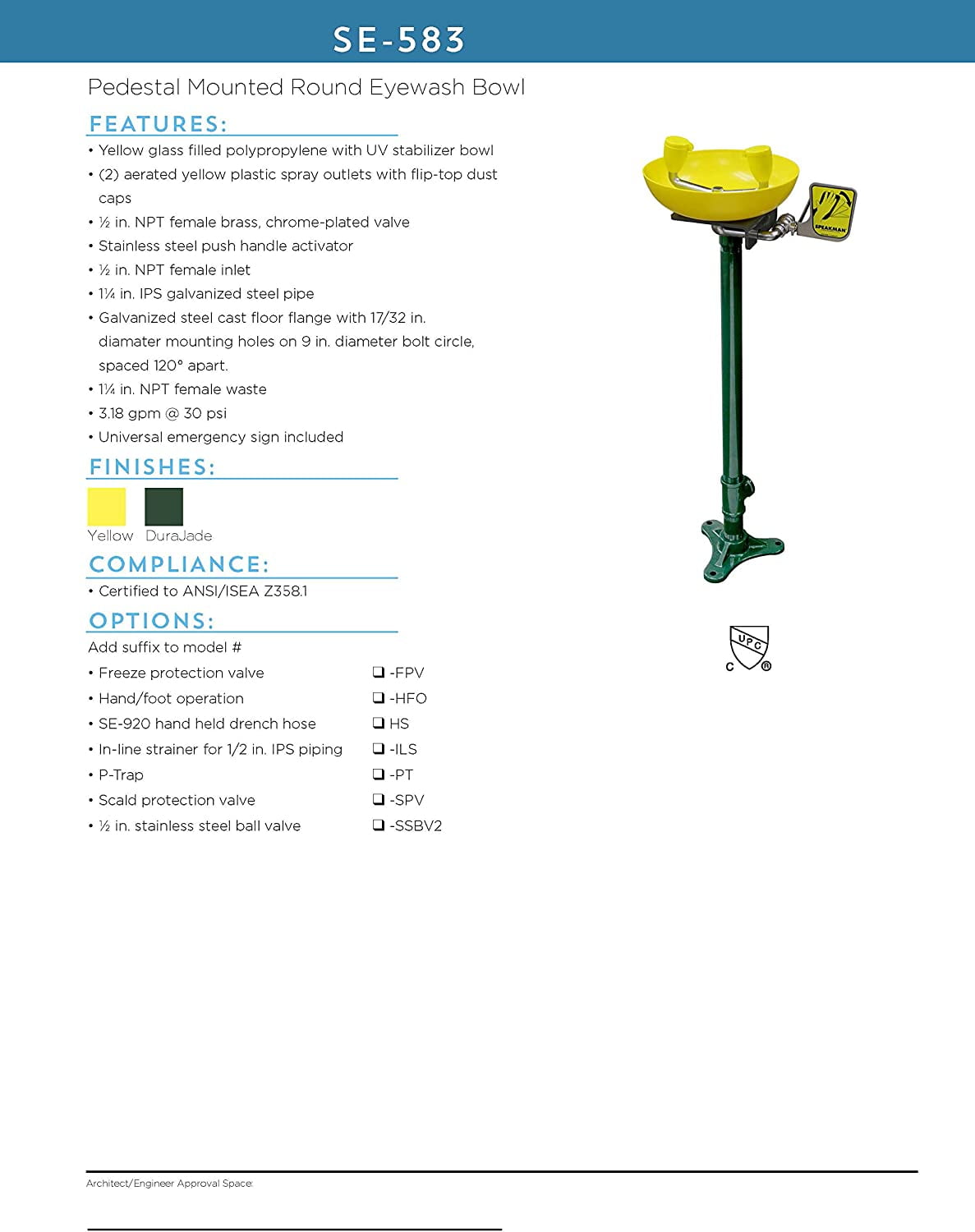 Speakman SE-583 Traditional Series Pedestal-Mounted Emergency Eyewash for Dangerous Worksites, Yellow