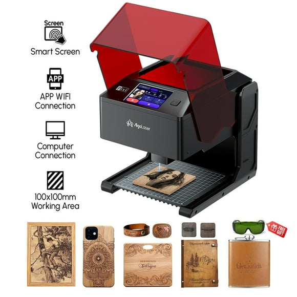 Algolaser Pixi 3W Portable Wood Leather Laser Engraver with Touch Screen Smart Mini Fully Enclosed Class 1 Laser Engraving Machine, 6000mm/min Engraving Area(3.94"x3.94")