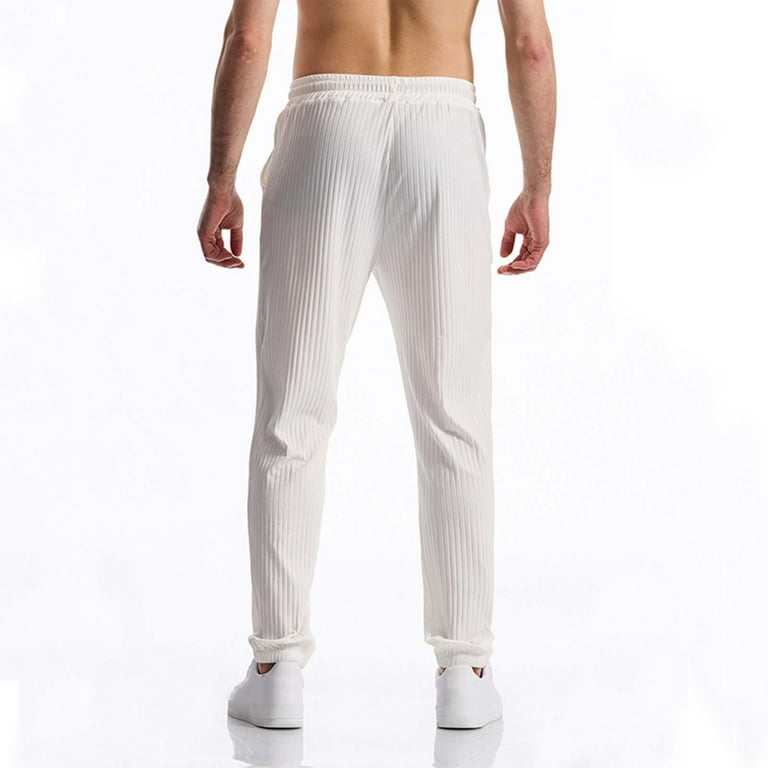 Iugvhana Jogger Pants for Men Drawstring Ribbed Solid Casual Long