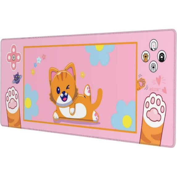 Pink Game Kawaii Cat Gaming Mouse Pad XL, Large Extended Mousepad Desk Pad, Long Nonslip Rubber Mice Mats Stitched Edges Playmat for Office Home Gamer, 31.5x11.8 Inch