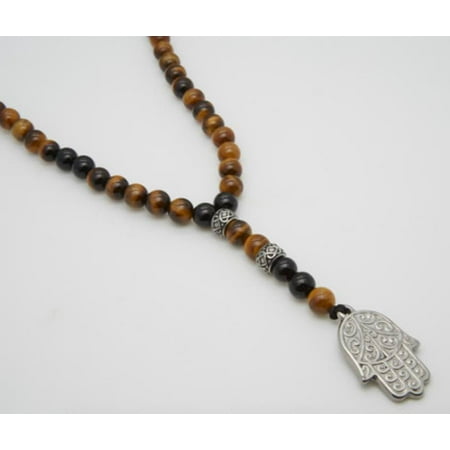 40 Mm Stone Necklace (8 mm black agate, tiger eye stone, silver stainless steel inserts and spiritual stainless steel hamsa hand)