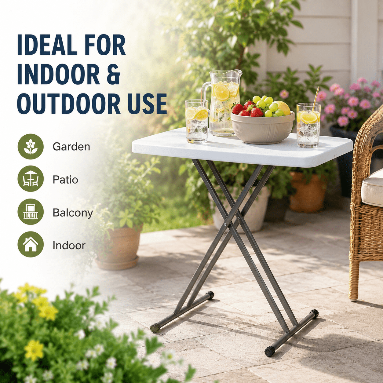 Alvantor Adjustable Folding Table, 30 x 20 in Small HDPE Portable Personal Table with Steel Legs, White Gray, Indoor Outdoor Use