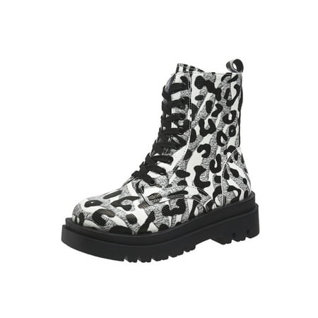 

SIMANLAN Women Fashion Combat Boot Comfortable Leopard Print Ankle Boots Outdoor Lug Sole Chunky Heel Booties Leopard Print Black 5.5