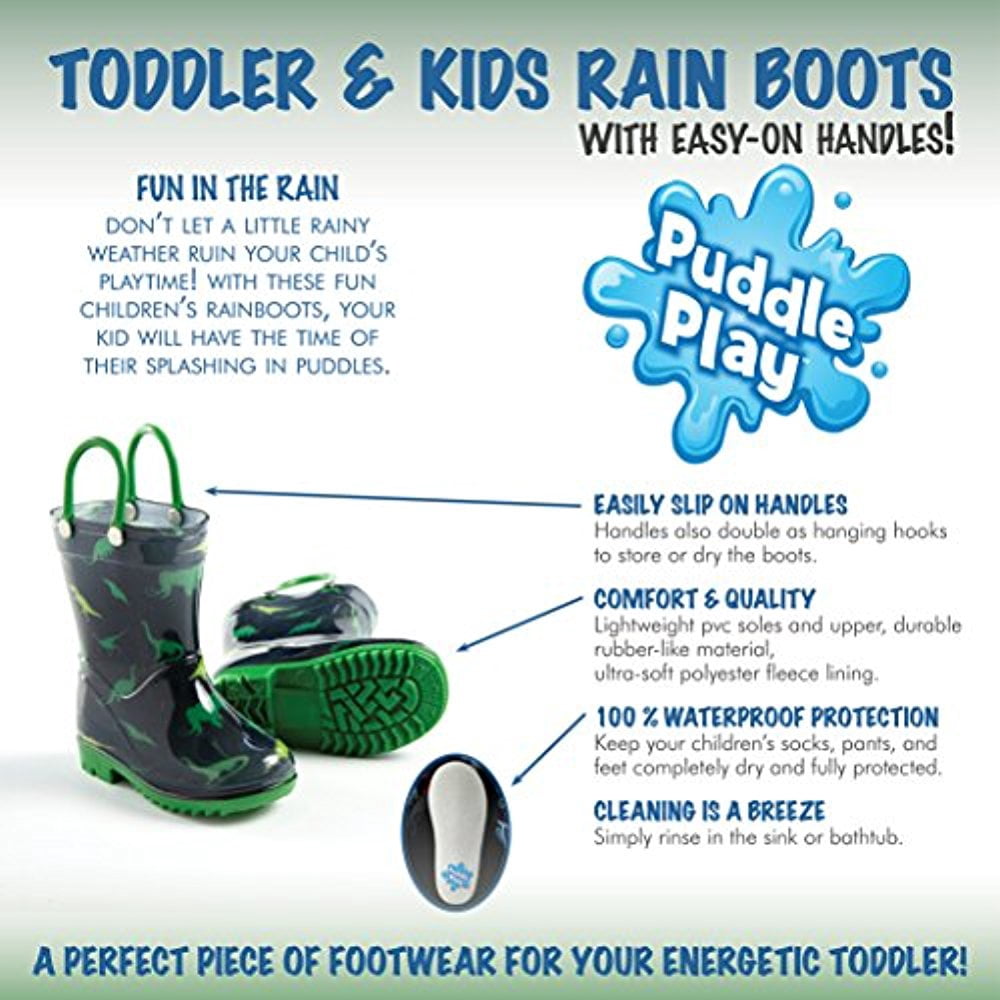 Puddle Play Children's Boys' Dinosaurs Printed Waterproof Easy-On Rubber Rain Boots (Toddler/Little Kids)