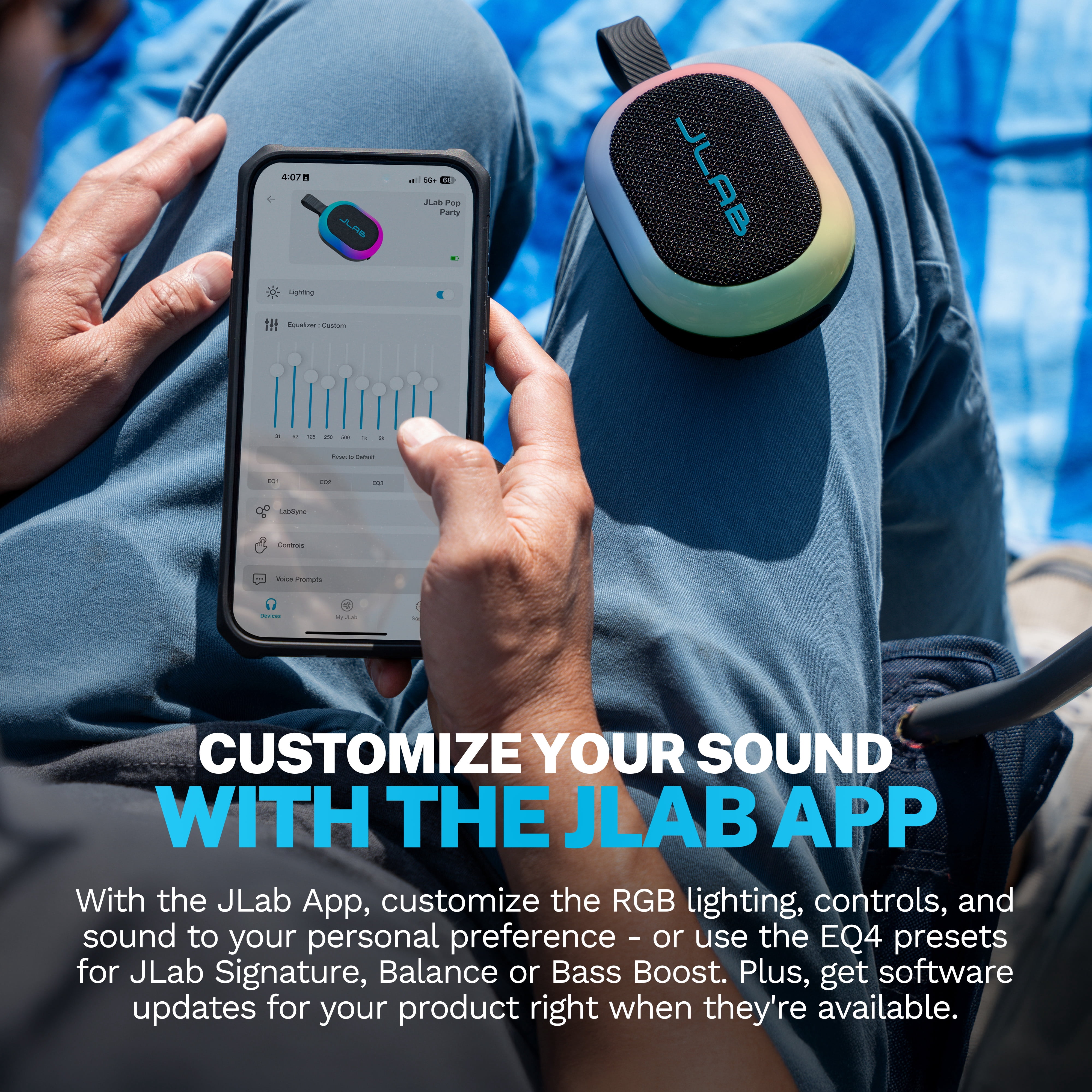JLab Pop Party Portable Bluetooth Speaker, 5W, 8 Hour Playtime, RGB Lighting, Splashproof, Black