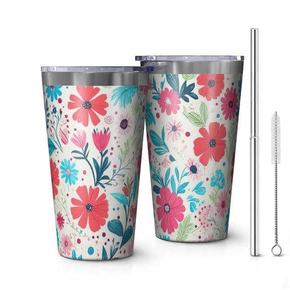 16oz Tumblers Pioneer Flower Floral Print Pattern Stainless Steel Vacuum Insulated Double Wall Travel Tumbler Cups Mug with Lid and Straw,Cleaning Brush for Coffee,Tea