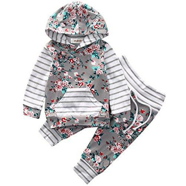 StylesILove Infant Baby Girl Floral Pattern Long Sleeve Hooded Sweatshirt and Pants Cotton