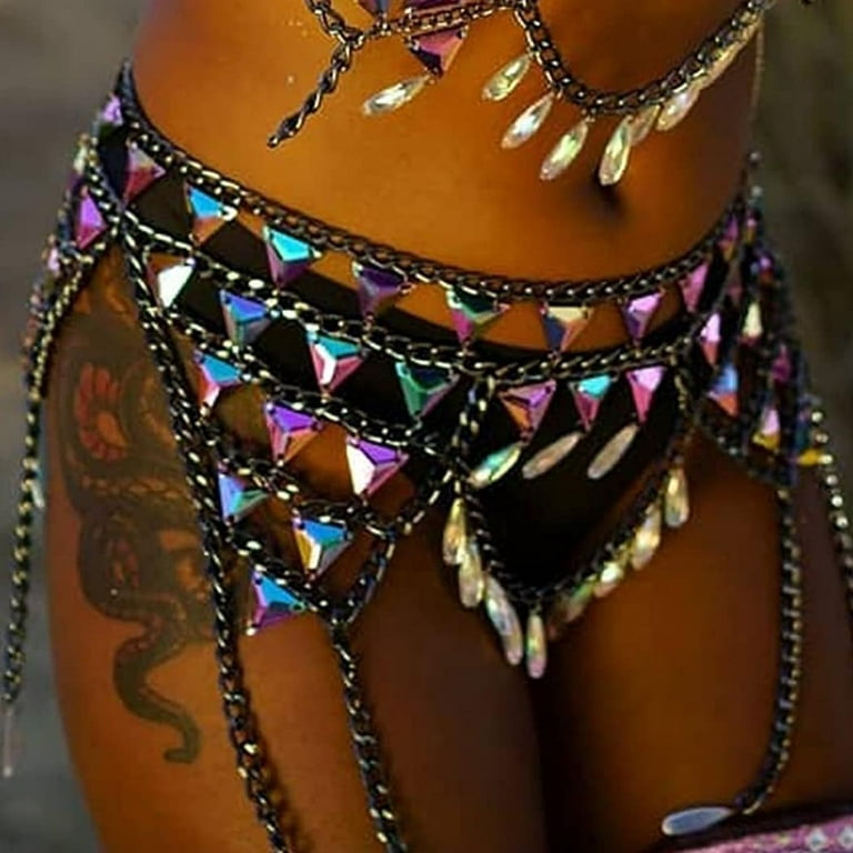 Women Tassels Rhinestone Waist Chain Thong Waist Chain Body Jewelry Thigh  Bikini