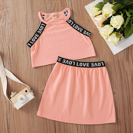 

QISIWOLE Toddler Kids Baby Girls Summer Letter Edge Printed Sling Top Skirt Clothes Suit clearance under $10 !