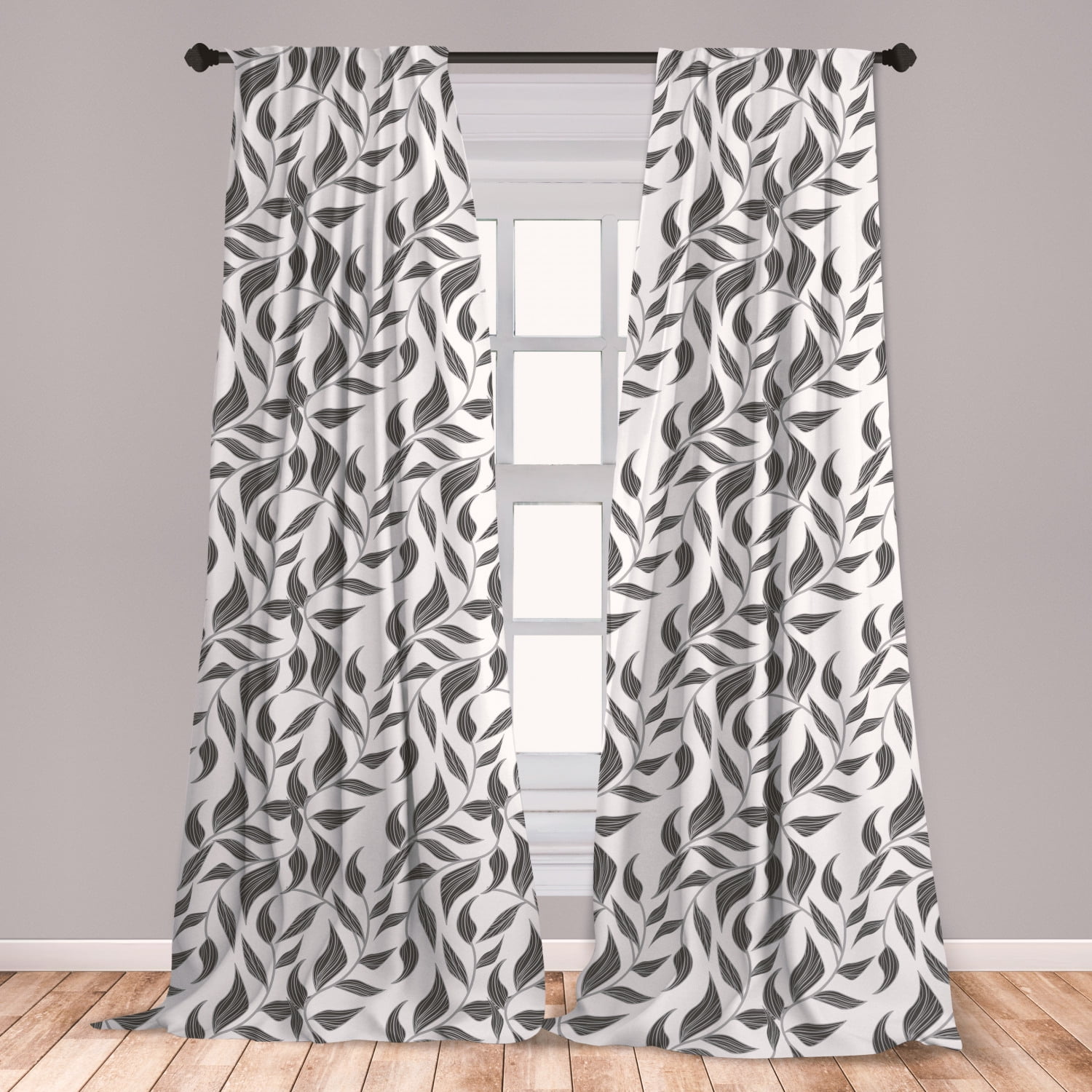 Grey Curtains 2 Panels Set, Abstract Leaves on Vines Pattern Modern