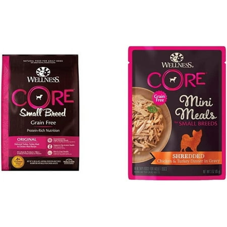 Wellness Core Natural Grain Free Dry Dog Food  Small Breed  12-Pound Bag + Mini Meals Wet Dog Food Topper  Shredded Chicken & Turkey Dinner In Gravy  3-Ounce Pouch (Pack Of 12)