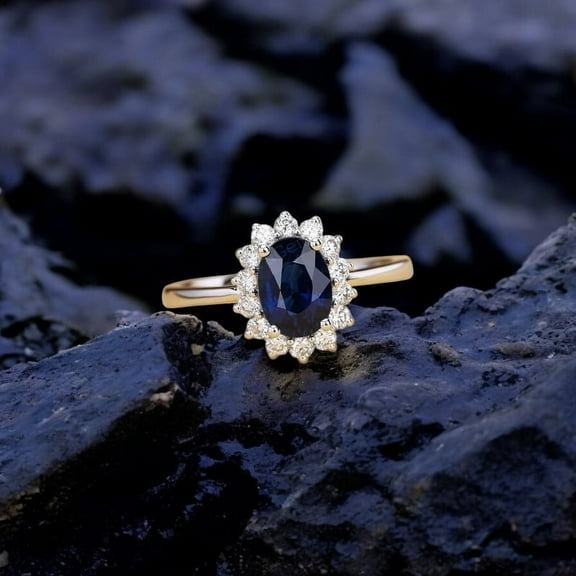 JEWELSBYASAILOR 8X6MM Blue Sapphire Ring / CZ Diamond Halo Ring / 925 Streling Silver Jewelry / Birthday Gift For Love