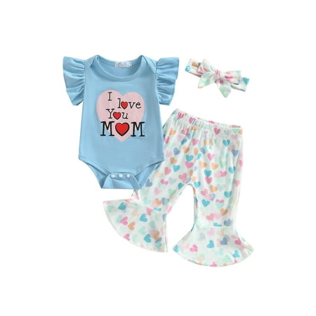 

3Pcs Mothers Day Outfit for Baby Girl Ruffled Sleeve Letter Love Print Romper Bell Bottoms Headband Newborn Summer Clothes