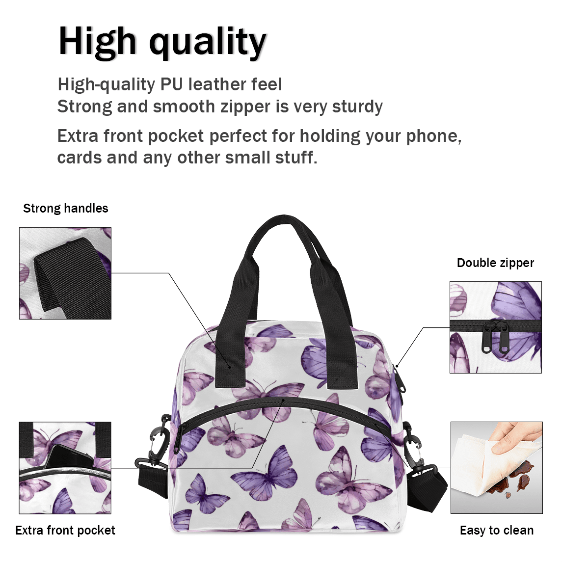 Herdesigns Butterfly Insulated Lunch Bag for Women Men Adults Large Reusable Lunch Box Leakproof Portable Cooler Tote Bags with Adjustable Shoulder Strap