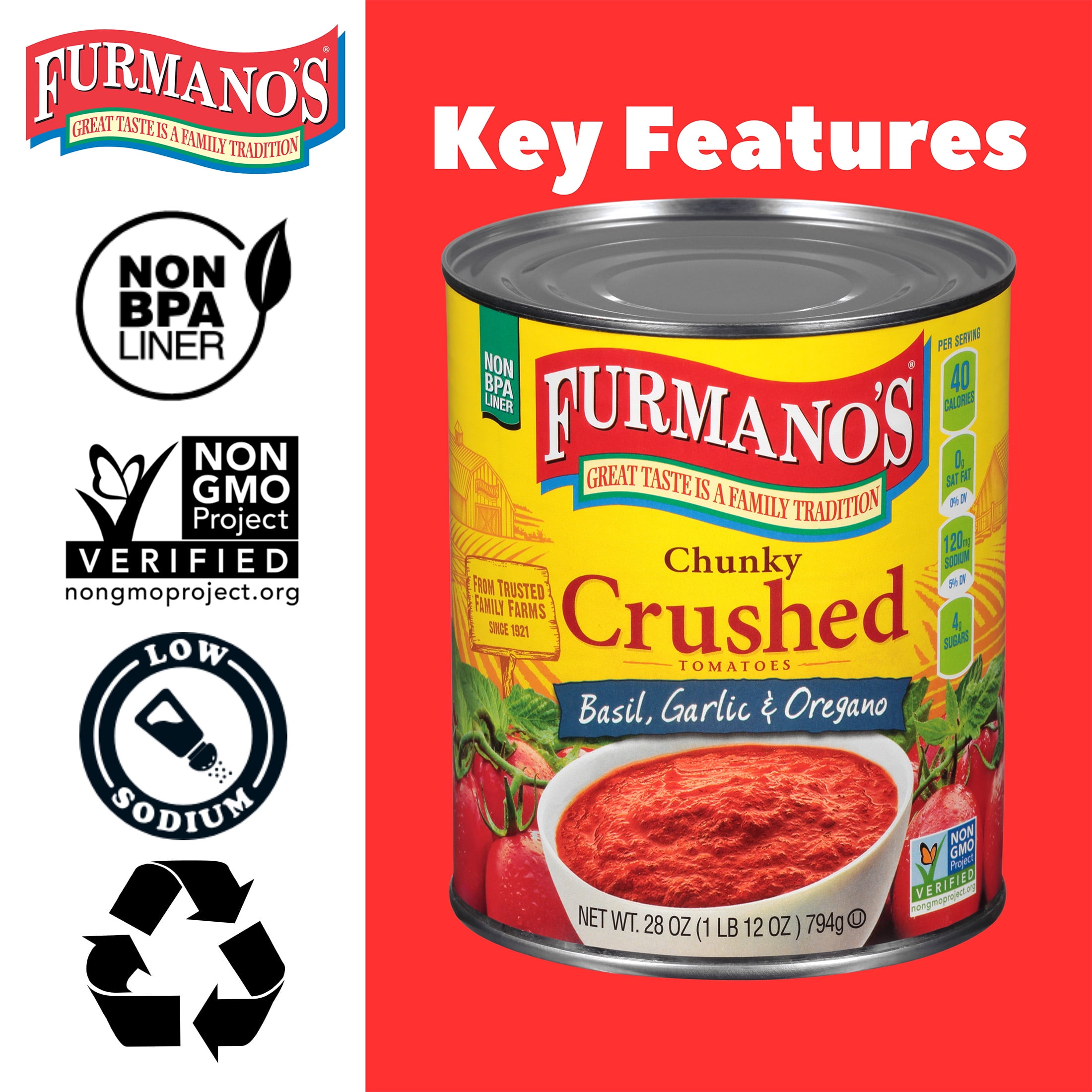(2 pack) Furmano's Crushed Tomatoes with Basil, Garlic, Oregano, 28oz, Can