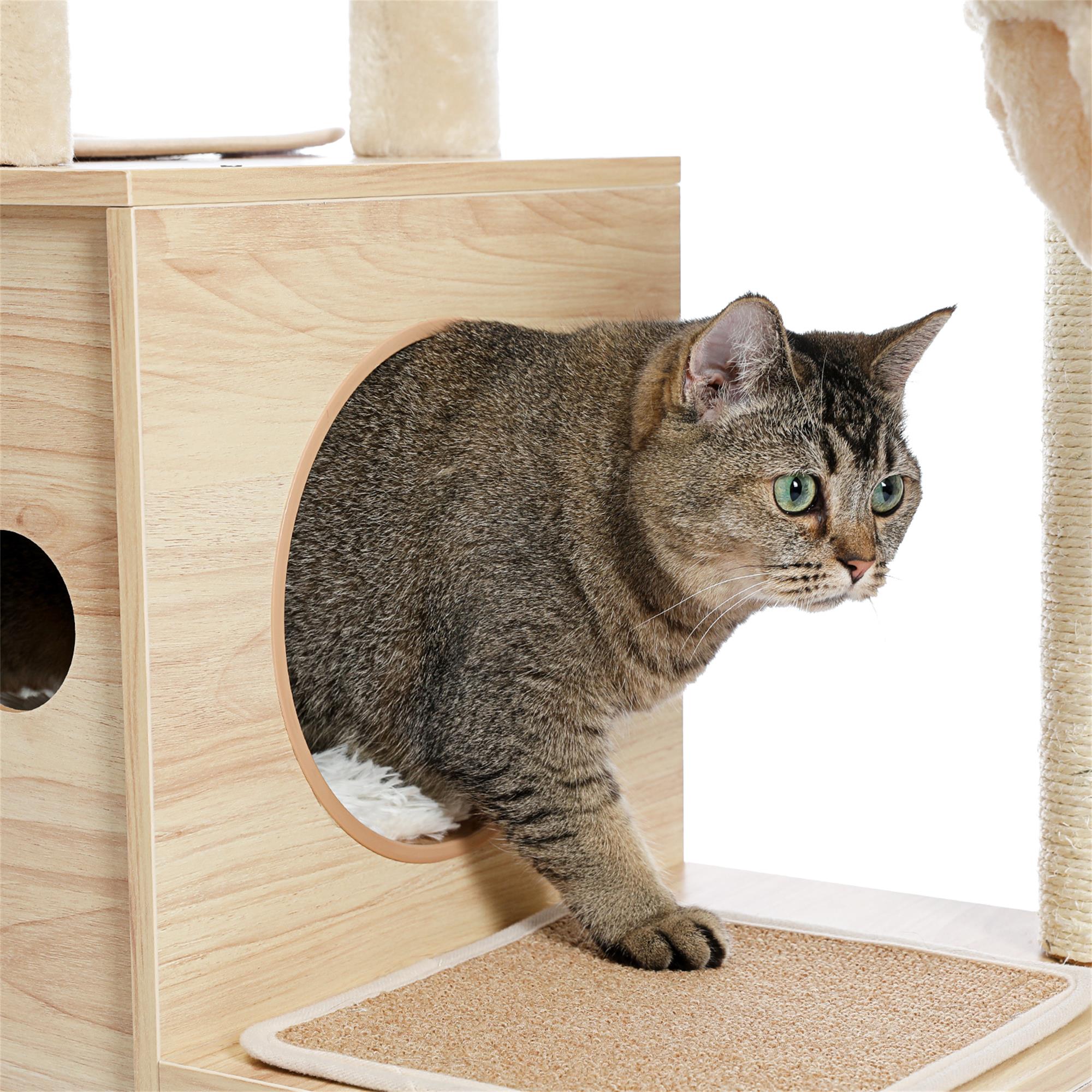 resenkos 51" Cat Tower for Large Cats Modern Wooden Cat Tree Multi-Level Cat Tree Tower Cat Sky Castle with Cozy Cat Condos, Beige