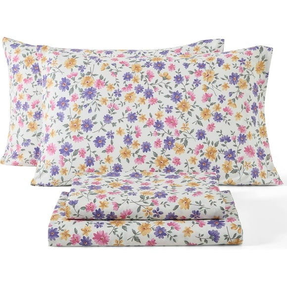 ERDS-HLC.ME Purple & Yellow Floral Ditsy Bed Sheets - 4 Piece Bed Sheet Set - Wrinkle Resistant & Ultra Soft - Fits Mattresses up to 15 Inches Deep (Full)