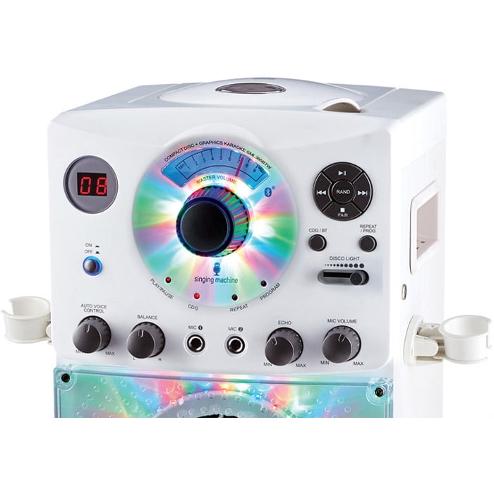 White Singing Machine SML385BTW Karaoke System with LED Disco Lights CD+G and Microphone 