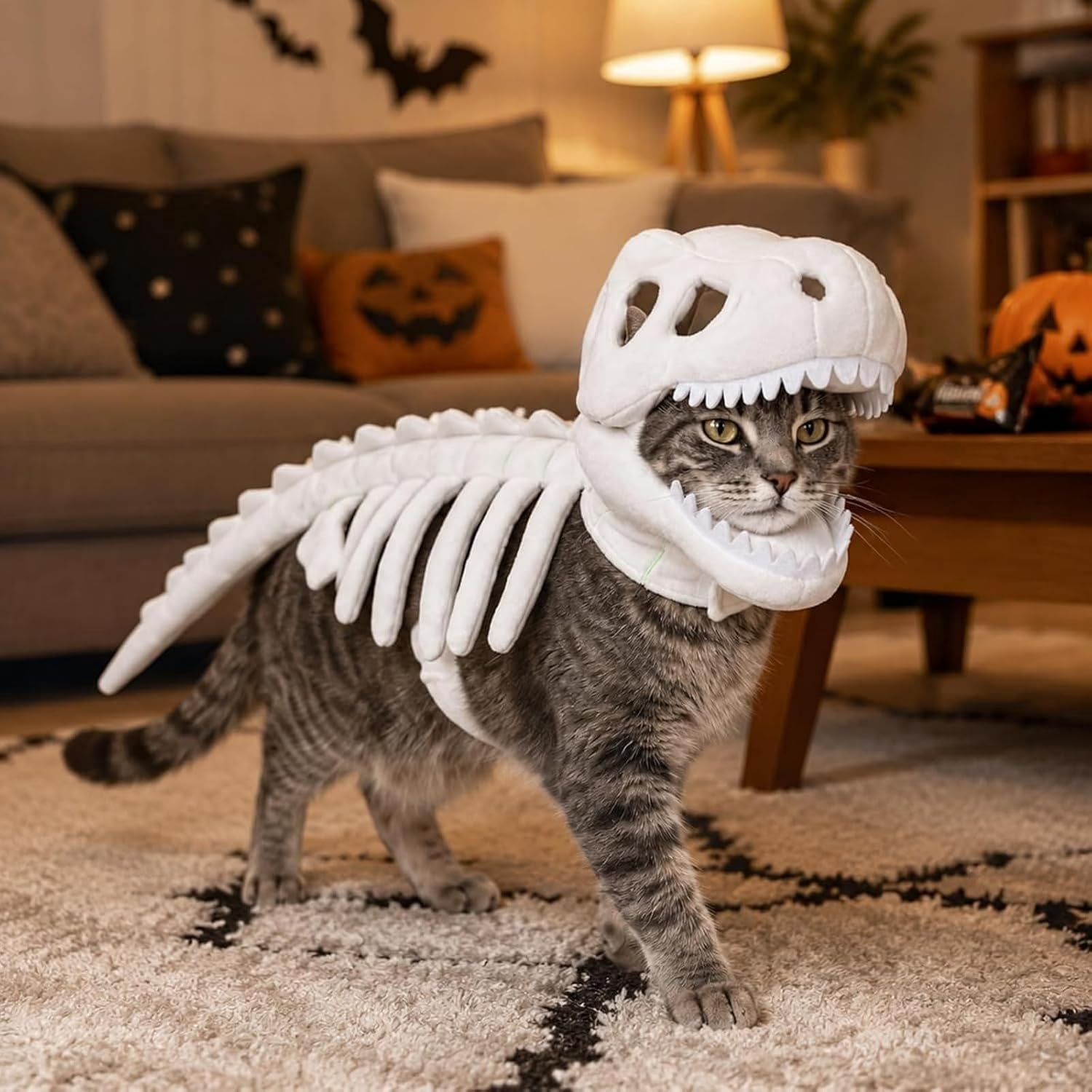 Cat Dinosaur Costume, Catsaur Costume, Dinosaur Costume for Dogs, Soft Plush T Rex Halloween Outfit, 3D Skeleton Design Glow in the Dark, Realistic Dinosaur Skeleton Costume for Pet
